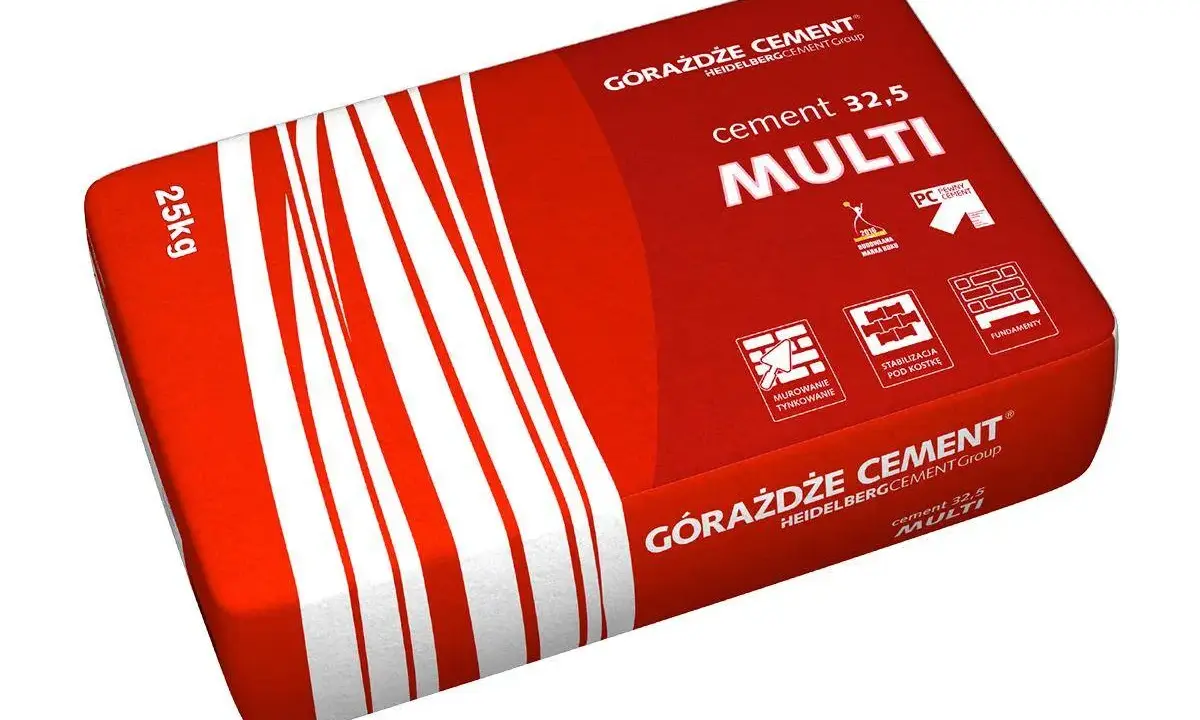 Worek cementu Górażdże MULTI 25 kg z białymi pasami na czerwonym tle.