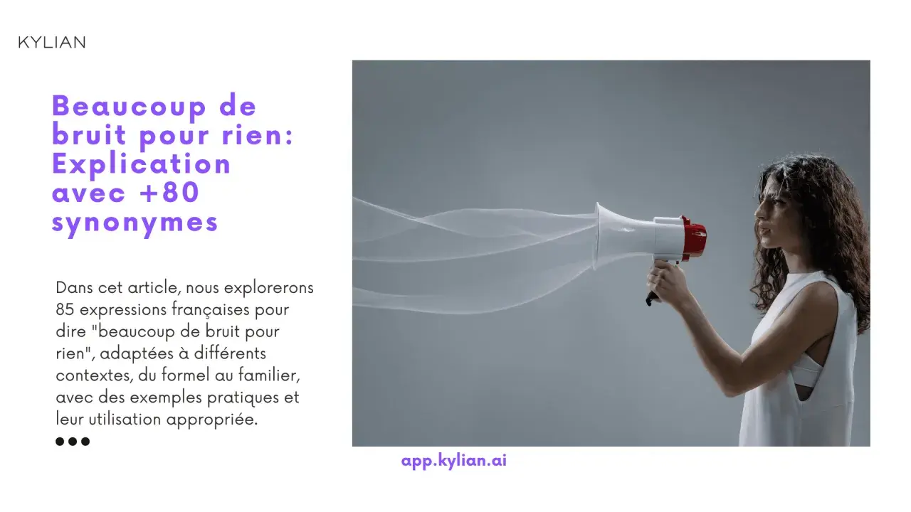 Une femme tient un mégaphone d'où s'échappe un nuage de fumée stylisé. L'image illustre l'idée d'exprimer un synonyme pour "beaucoup de bruit pour rien".