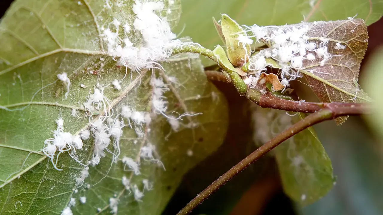 Fuzzy white bugs, likely mealybugs, infest the stems and leaves of a plant, creating a cottony appearance.