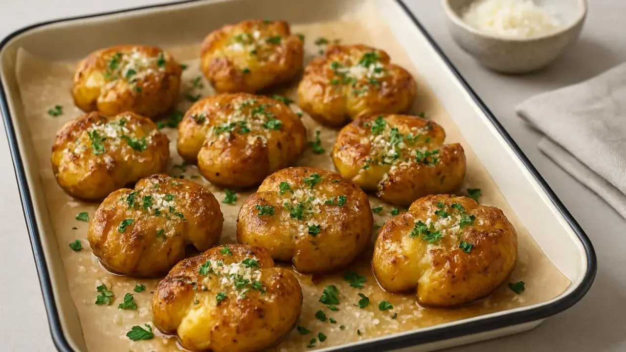 Krispiga, gyllene smashed potatoes med persilja och parmesan. Ett perfekt recept för ugnsrostade potatisar som passar till det mesta.