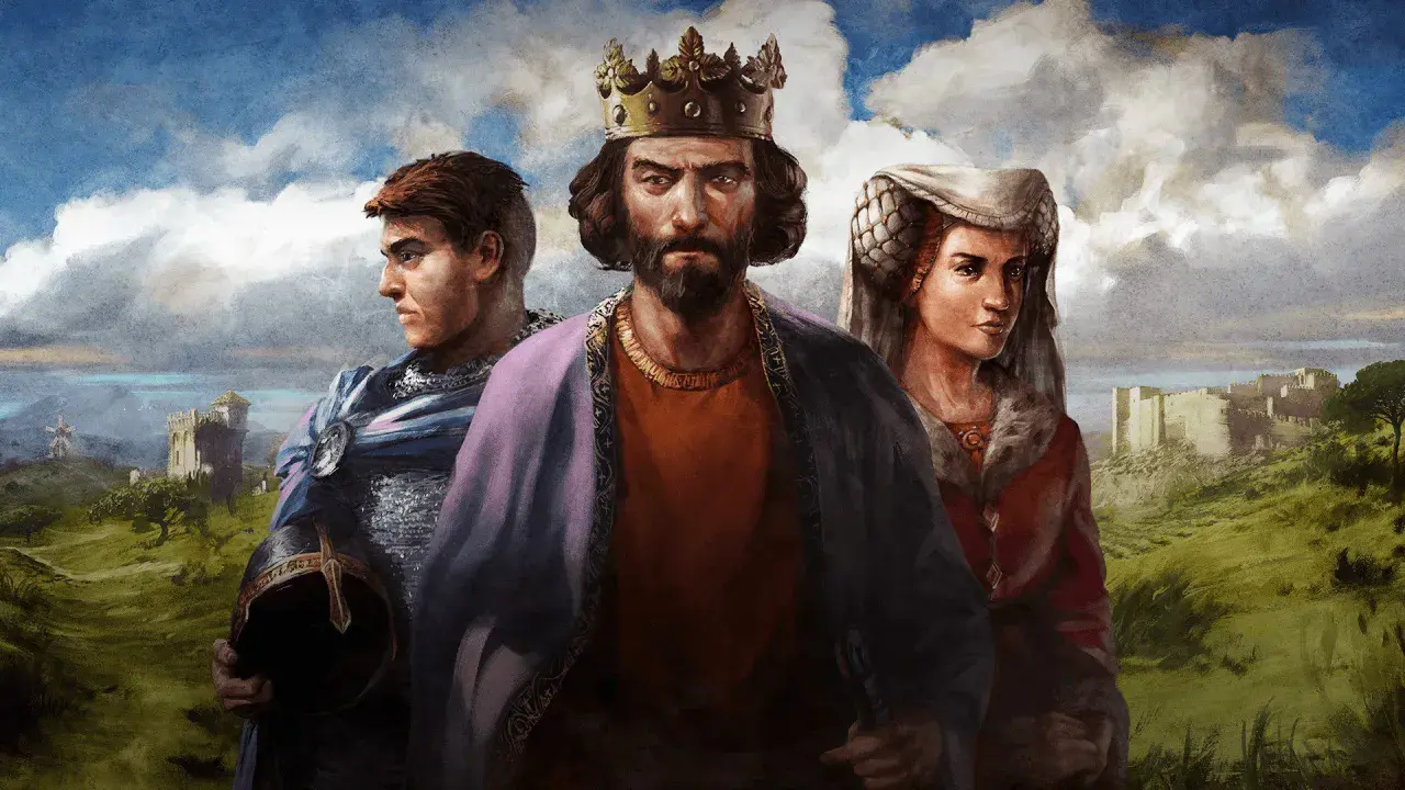 Król, rycerz i dama na tle zamków. Czyżby szukali **age of empires kodów** do szybszego rozwoju?
