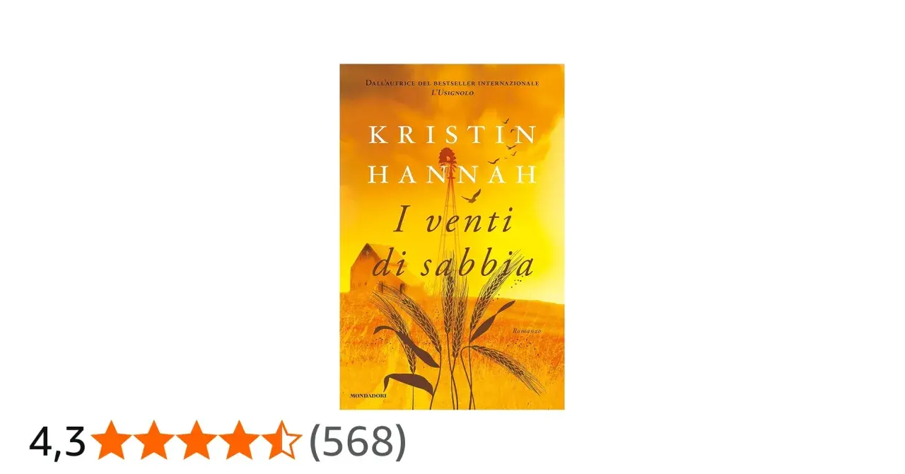 Copertina del libro "I venti di sabbia" di Kristin Hannah, con un mulino a vento, spighe di grano e un fienile sotto un cielo arancione.