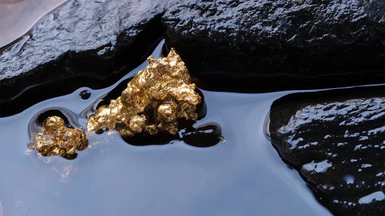 Oro grezzo, scintillante tra rocce scure e acqua limpida. Un'immagine che evoca il mistero di come nasce l'oro.
