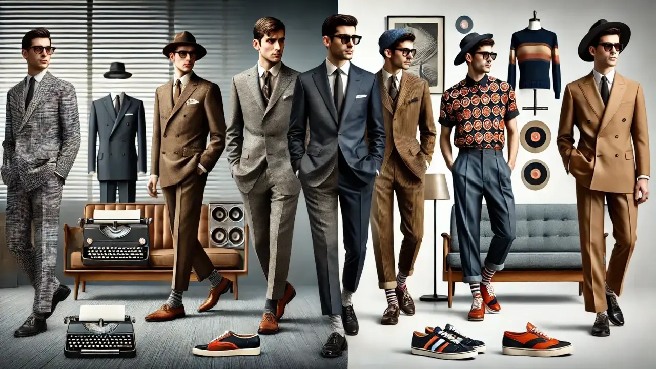 Eleganccy mężczyźni w garniturach, prezentujący styl glamour moda męska. W tle manekin w garniturze, maszyny do pisania i meble retro.