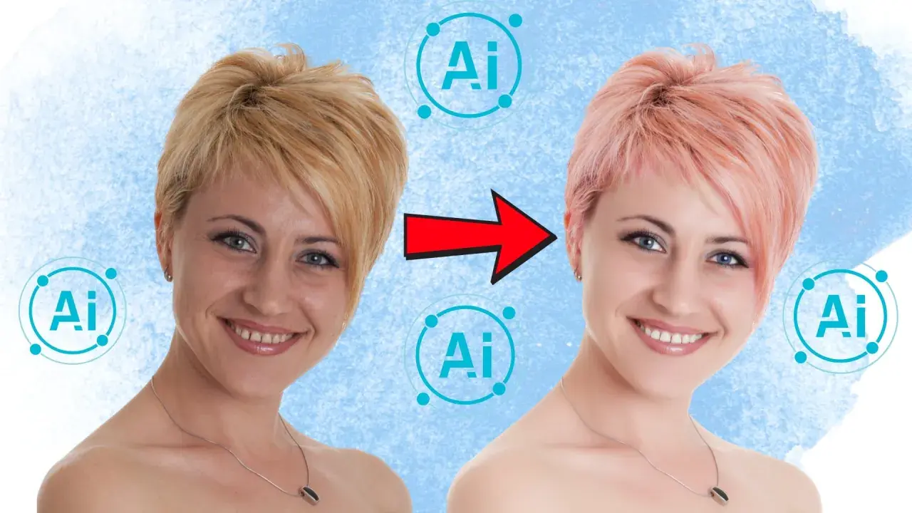 Comparación de antes y después de un programa de retoque fotográfico con IA, mostrando un cambio de cabello rubio a rosa y mejora de la piel.