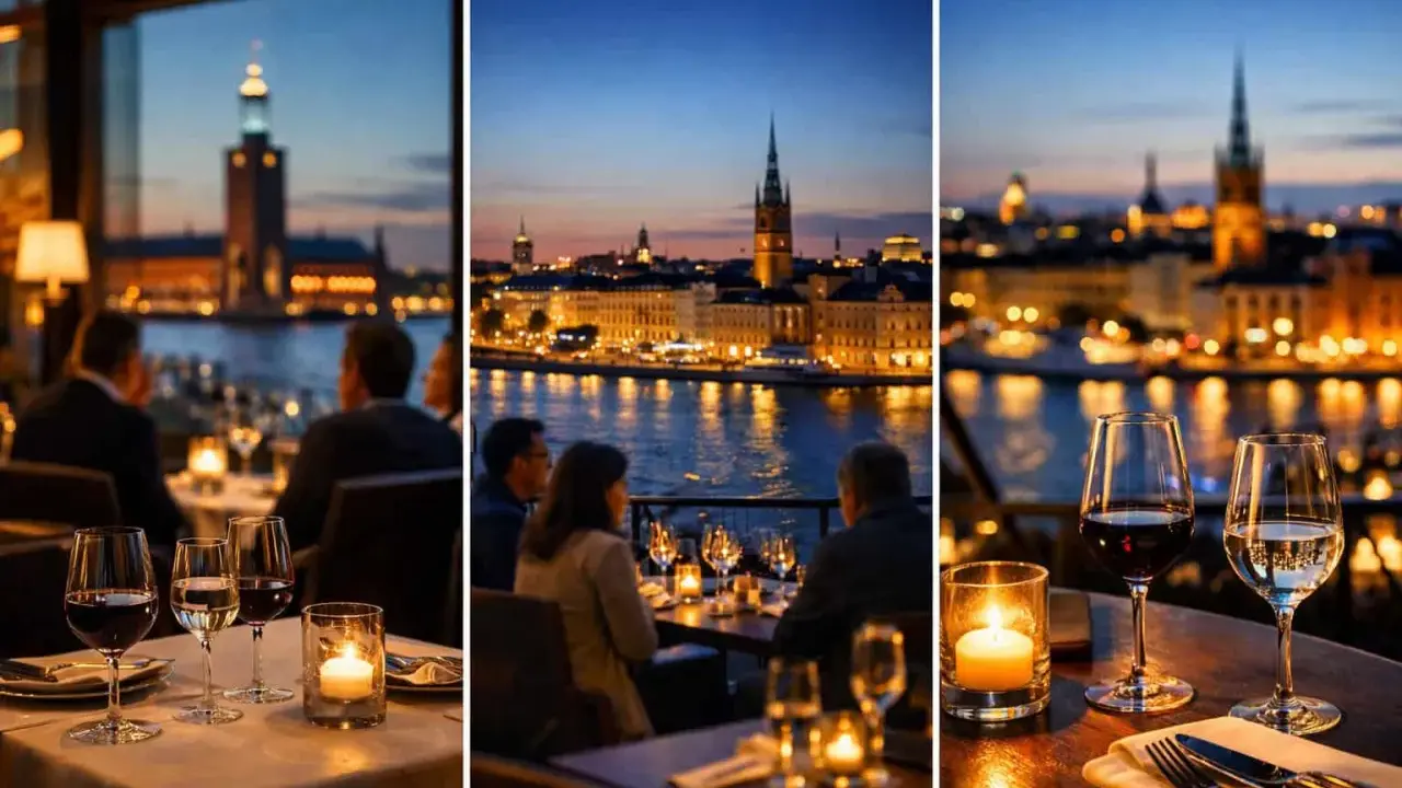 En fin restaurang i Stockholm med fantastisk utsikt över stadens silhuett vid skymningen. Bord med levande ljus och vin.