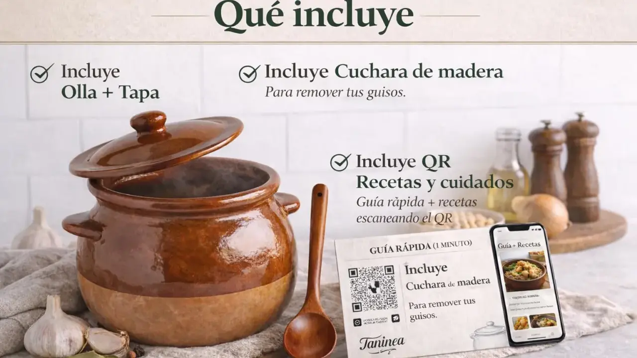 La cocina de barro incluye olla, tapa, cuchara de madera para tus guisos y QR con recetas.