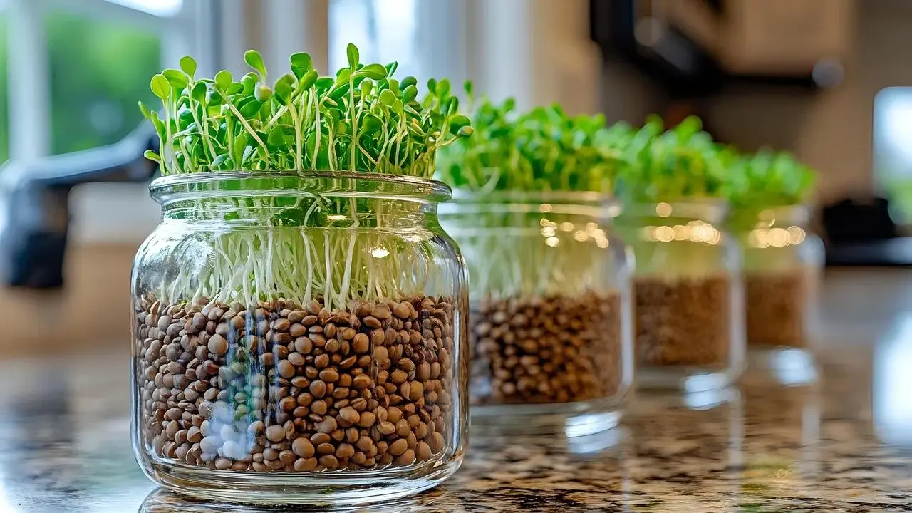 Des lentilles en germination dans des bocaux en verre, montrant comment pousse les lentilles avec leurs racines blanches et leurs jeunes pousses vertes.
