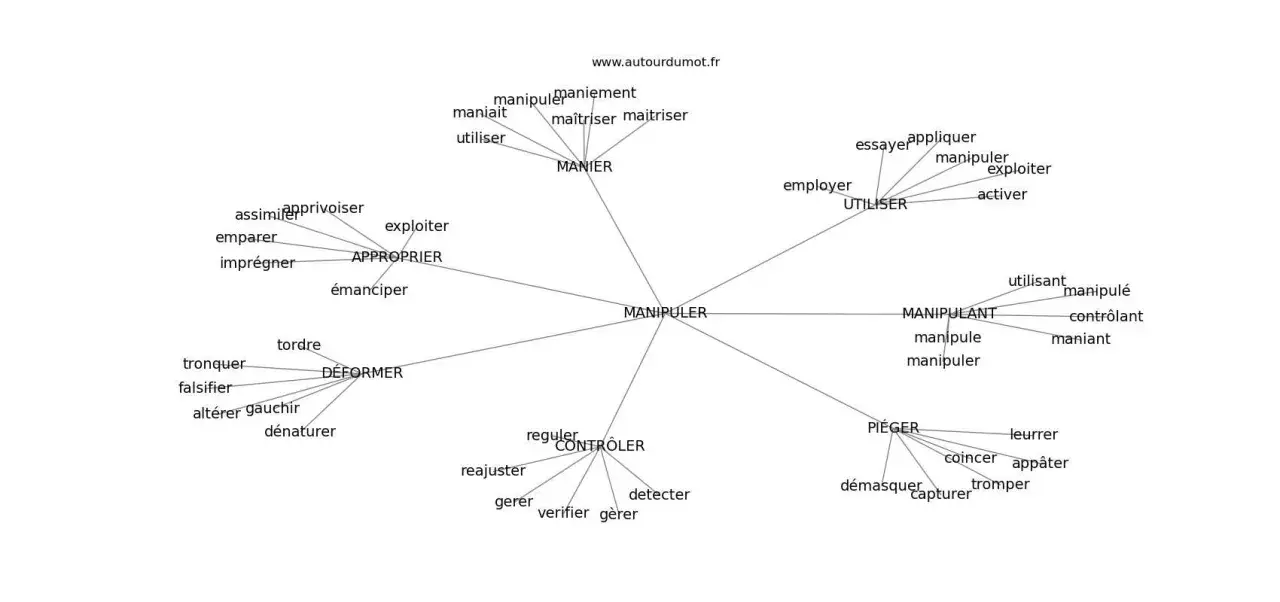 Carte mentale des synonymes de "manipuler" : manier, utiliser, déformer, contrôler, piéger, s'approprier.