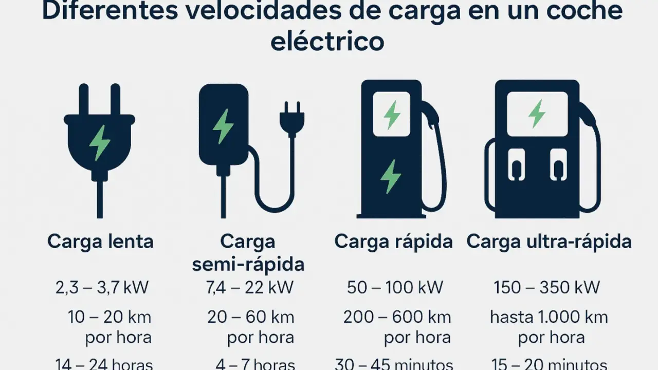 Gráfico muestra cuántos kW carga un coche eléctrico: lenta (2,3-3,7 kW), semi-rápida (7,4-22 kW), rápida (50-100 kW) y ultra-rápida (150-350 kW).