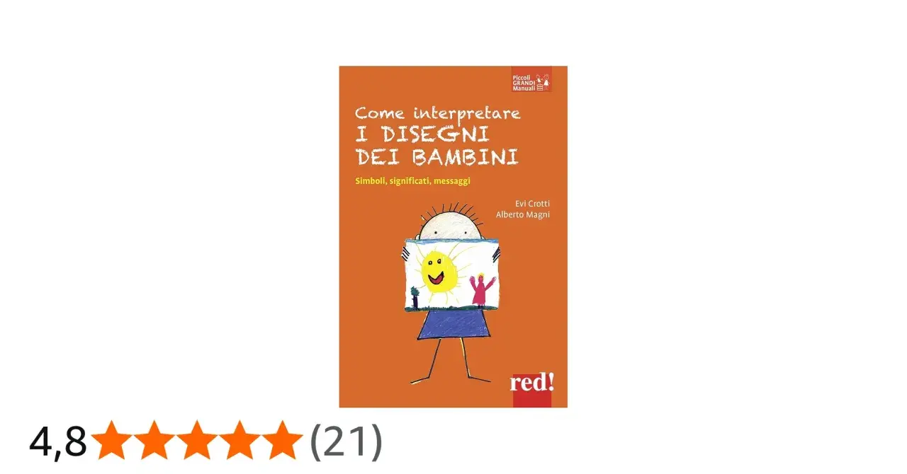 Copertina del libro "Come interpretare i disegni dei bambini", con un disegno stilizzato di un bambino che mostra un sole sorridente.