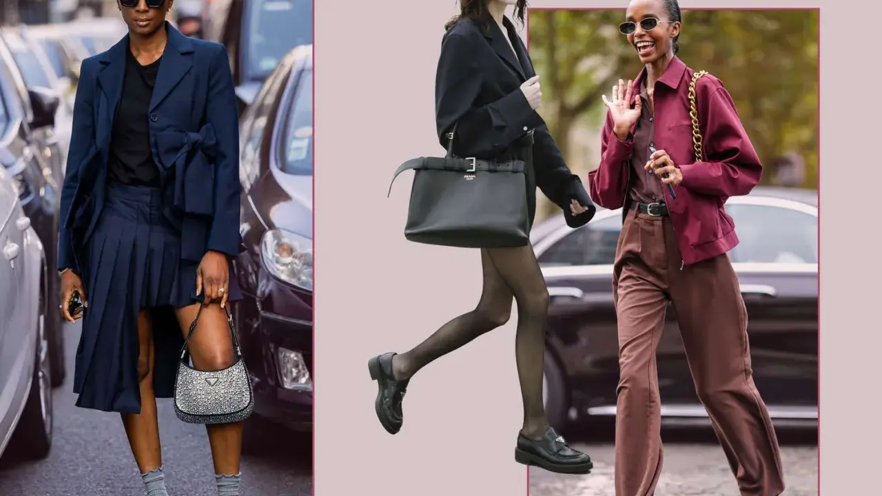 Stylish women showcase how to wear loafers in winter with chic outfits: a navy skirt suit, a black blazer with tights, and a burgundy jacket with brown trousers.