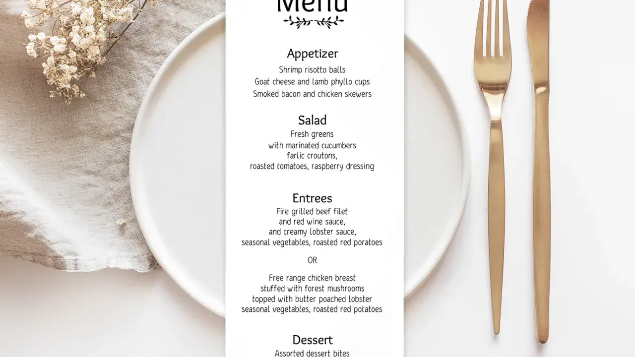 Eleganckie menu na wesele w domu, z daniami takimi jak grillowany filet i pieczony kurczak.