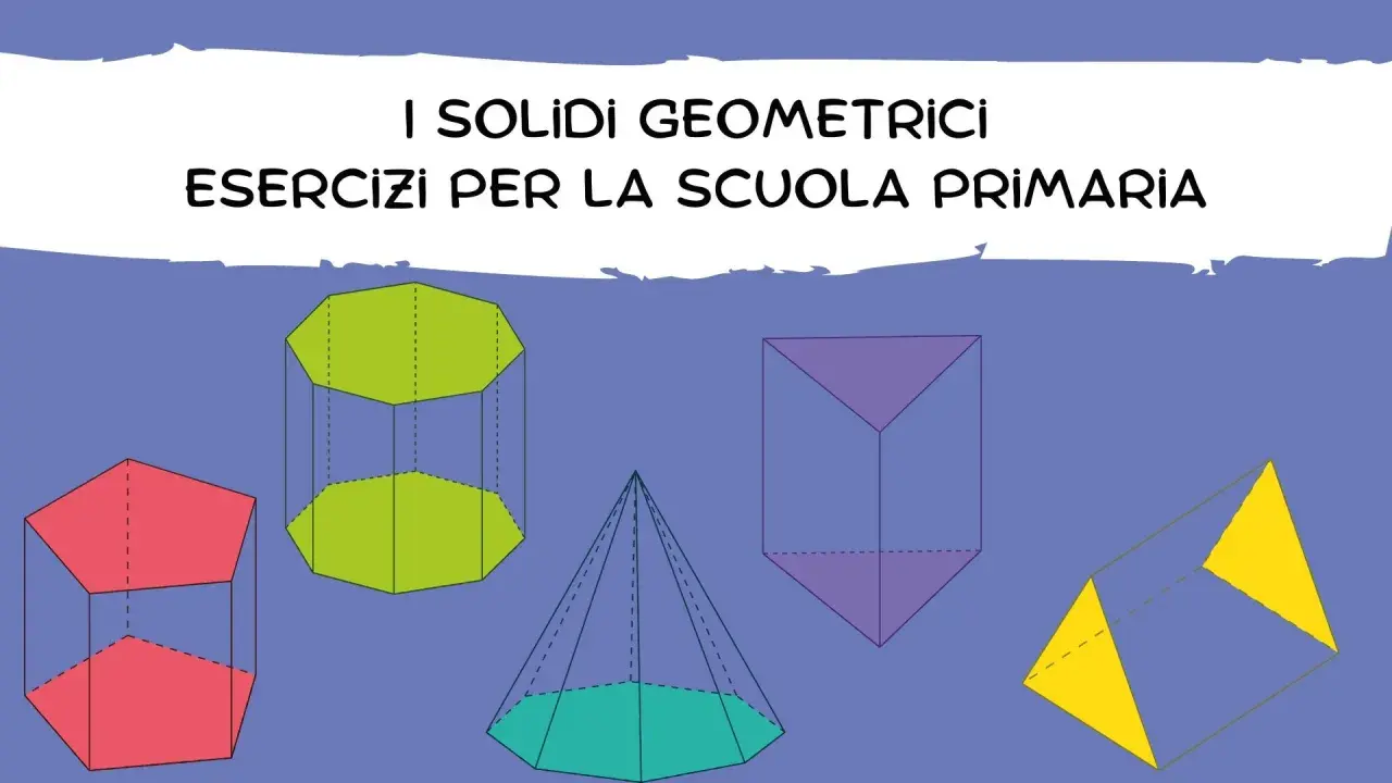Esercizi sui solidi geometrici per la scuola primaria: prismi, piramidi e altre forme colorate.