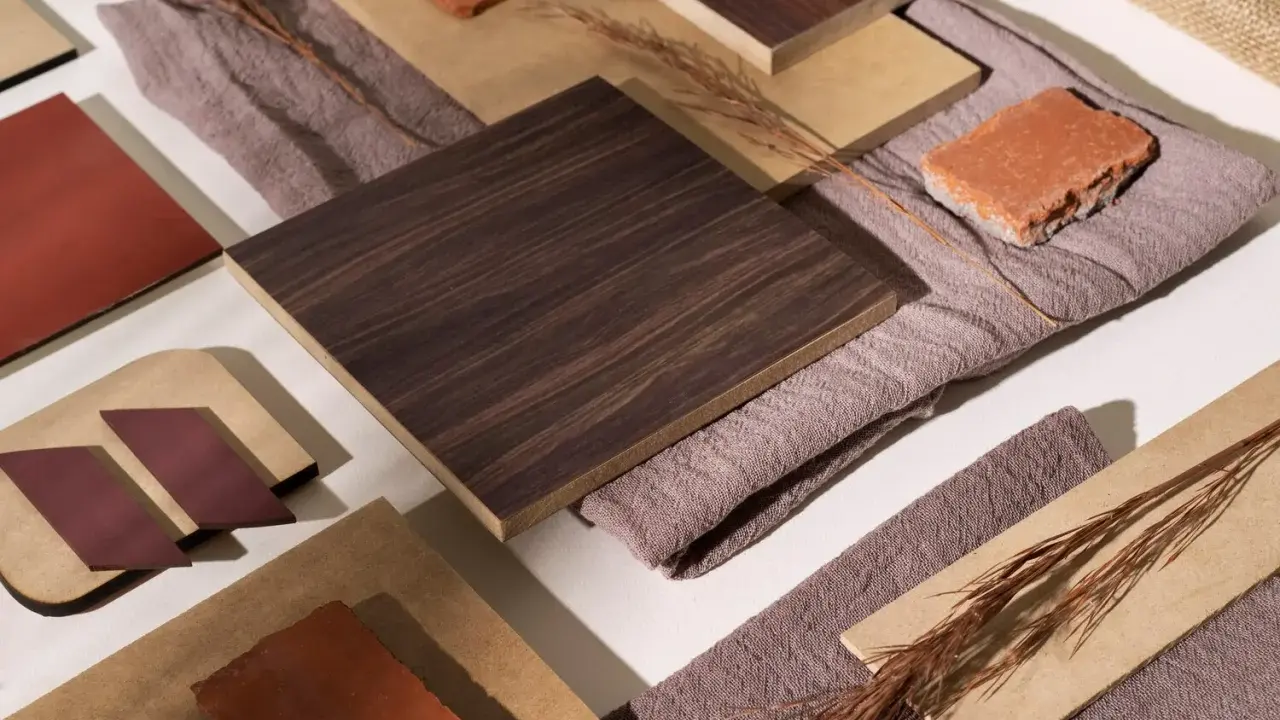 Tutti i colori del legno: campioni scuri e chiari, tessuti e mattoni creano una composizione materica.