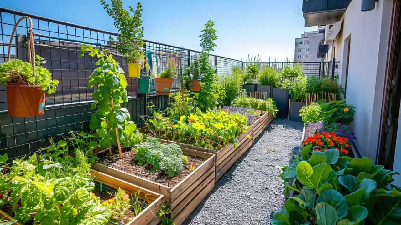 Un potager vertical permaculture luxuriant sur un balcon, avec des légumes verts, des fleurs colorées et des herbes aromatiques dans des bacs en bois.