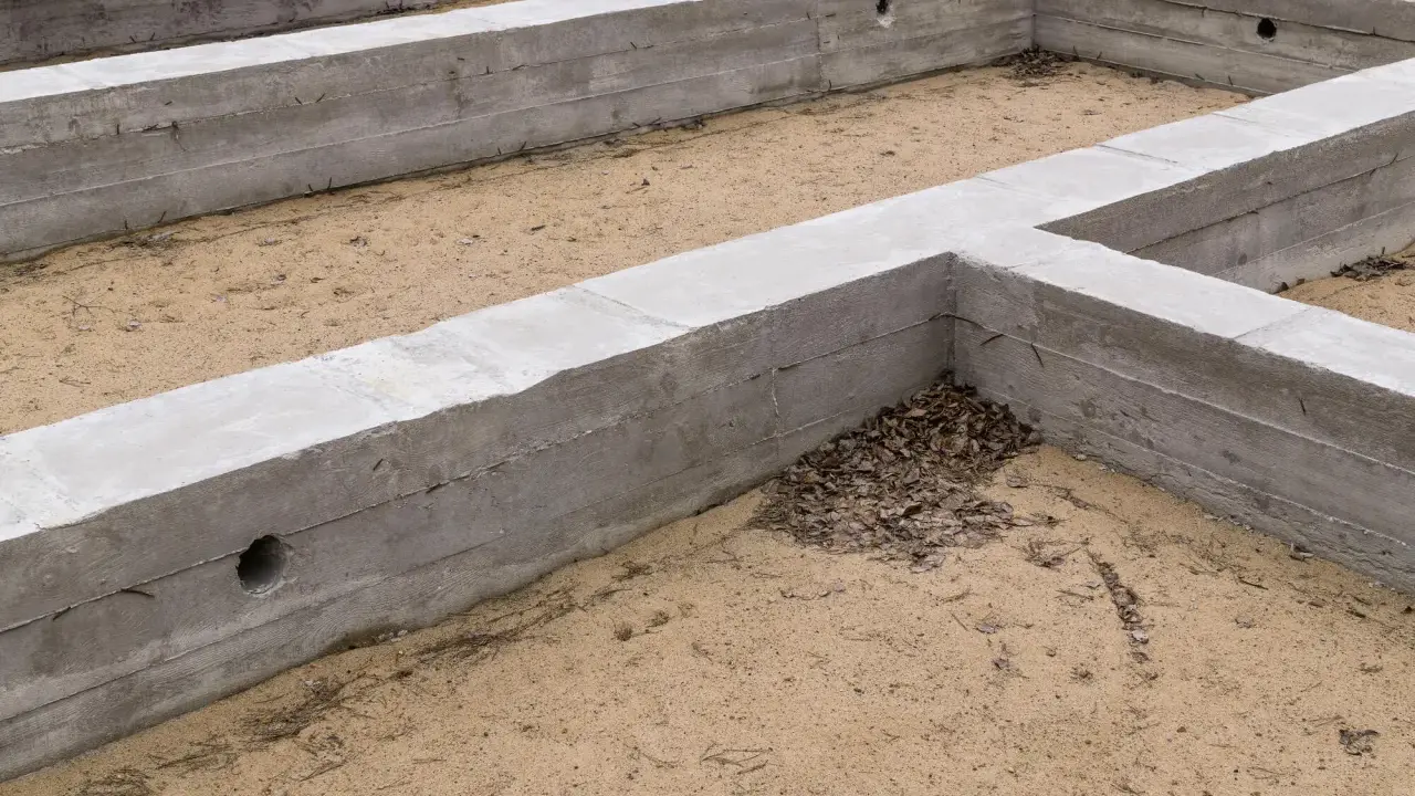 Betonowe fundamenty, czyli stan zero budynku, czekają na dalsze prace. Piasek i suche liście wypełniają przestrzeń.