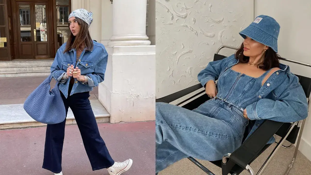 Due donne sfoggiano look total denim. Le giacche in denim, con il loro significato di stile casual e ribelle, sono protagoniste.