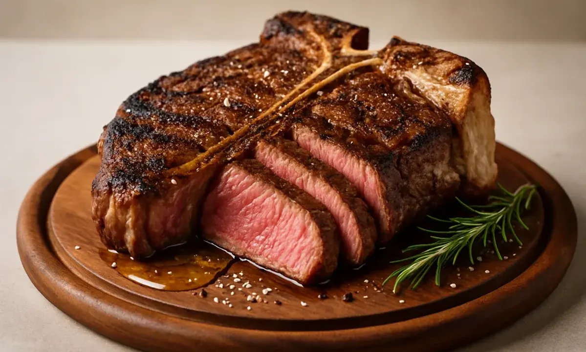 En perfekt tillagad bistecca alla fiorentina, saftig och rosa inuti, med en härlig yta, serverad på en träbricka med rosmarin.
