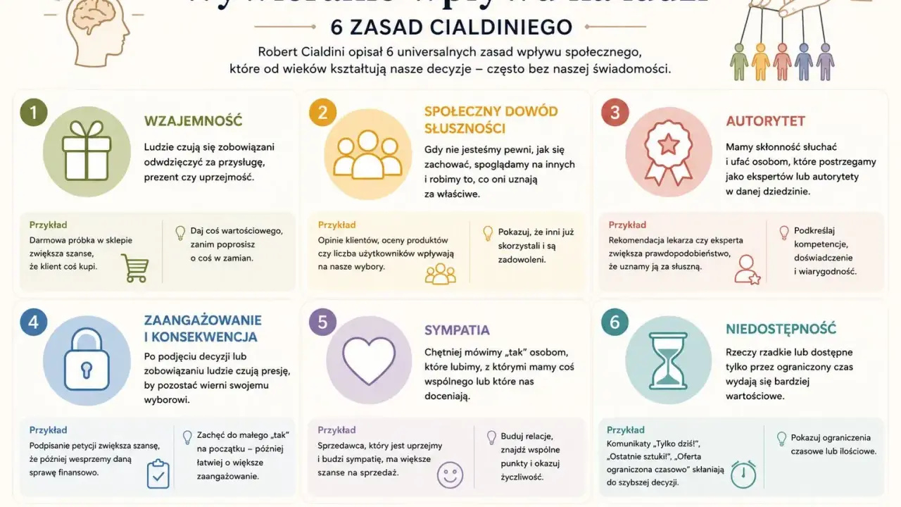 6 zasad Cialdiniego: wzajemność, dowód społeczny, autorytet, zaangażowanie, sympatia, niedostępność. Poznaj je, by świadomie podejmować decyzje.