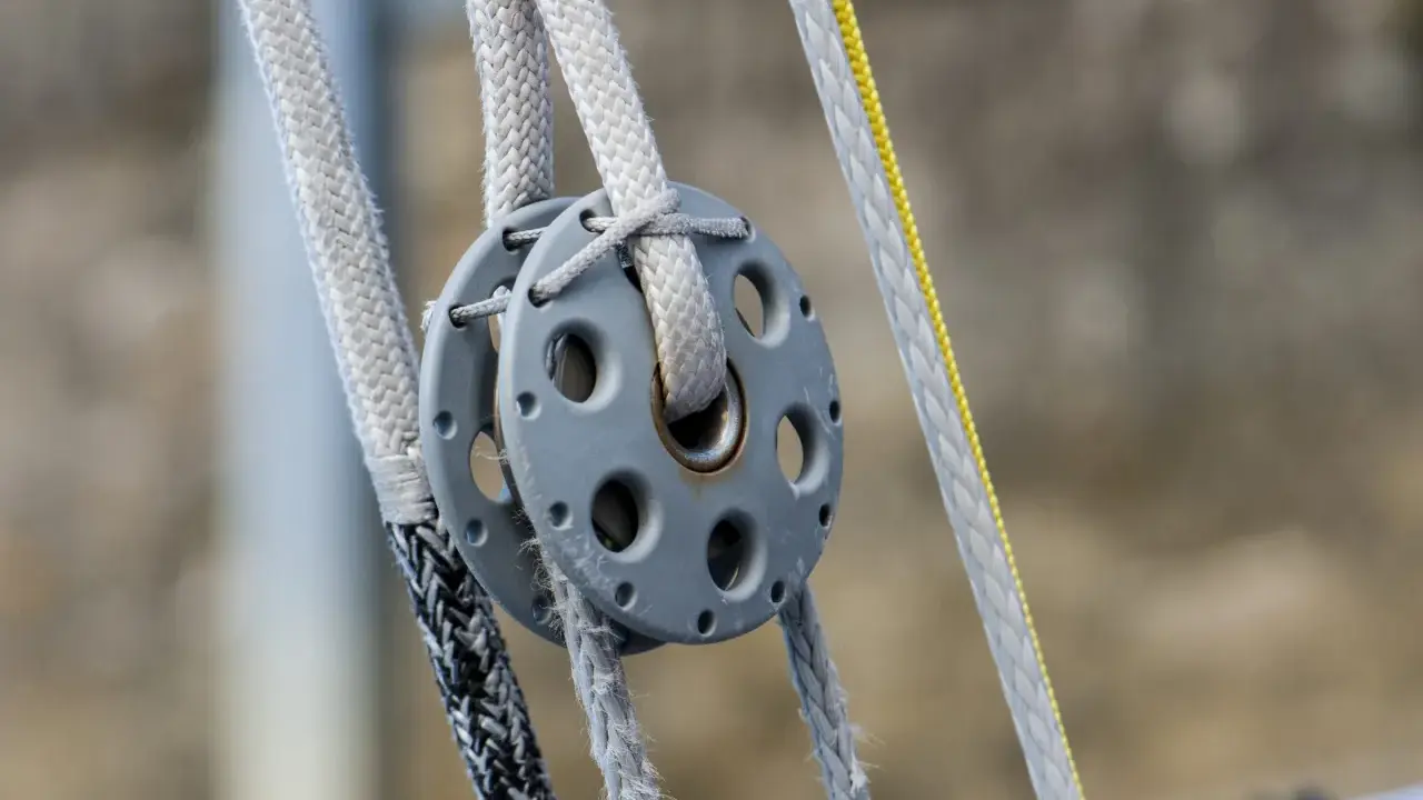 Système de poulies avec cordages en Dyneema, offrant une résistance exceptionnelle pour les manœuvres de voile.