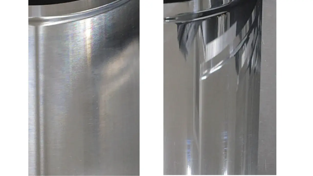 Porównanie powierzchni: po lewej matowe aluminium, po prawej efekt polerowania aluminium.