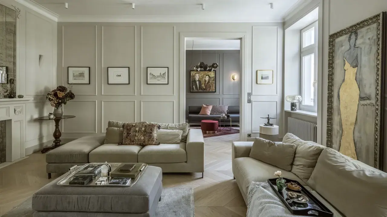 Eleganckie wnętrza art deco z wygodnymi sofami, stylowymi obrazami i subtelnymi detalami.
