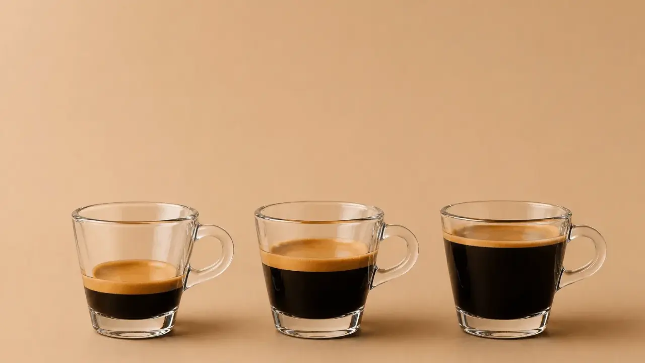 Drei Espressotassen zeigen den americano kaffee unterschied: von wenig Espresso bis zu mehr.