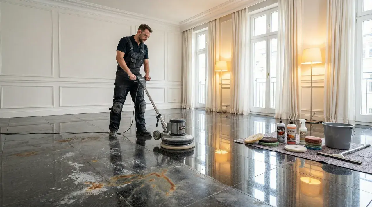 Mann mit Poliermaschine entfernt eingezogene Flecken aus Granit. Reinigungsmittel und Zubehör liegen bereit.