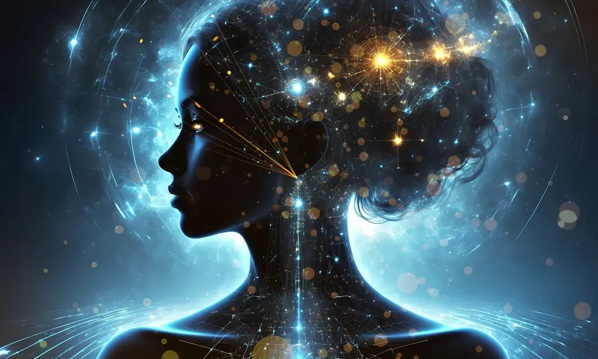 Sylwetka kobiety w kosmicznej sieci neuronów, symbolizująca istoty zbyt inteligentne, by żyć szczęśliwie.