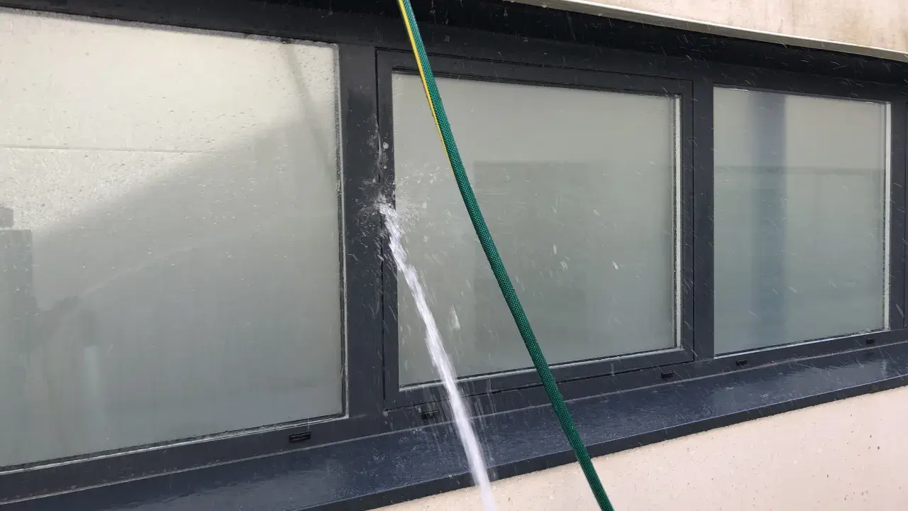 Agua salpicando sobre un perfil de aluminio de ventana, creando condensación y gotas.