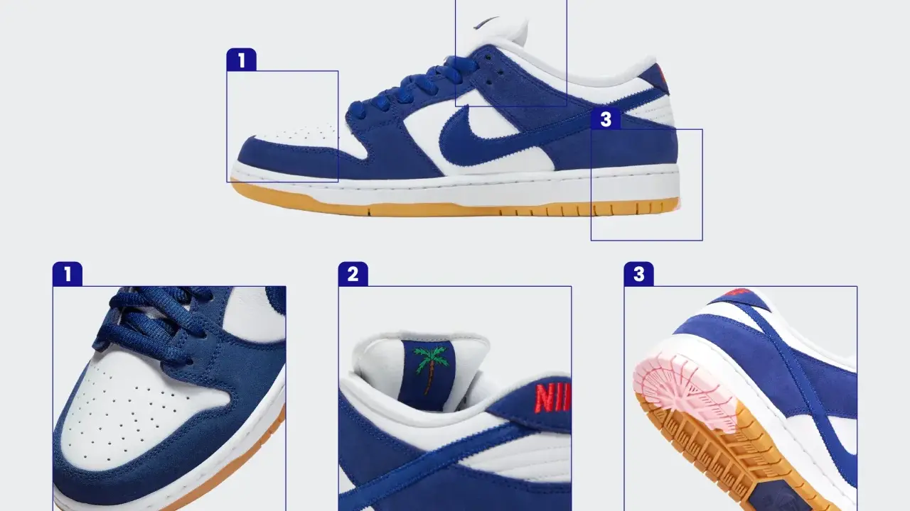 Szukasz informacji, jak sprawdzić numer katalogowy Nike? Zobacz zbliżenia buta: przód (1), język z palmą (2) i podeszwę (3).