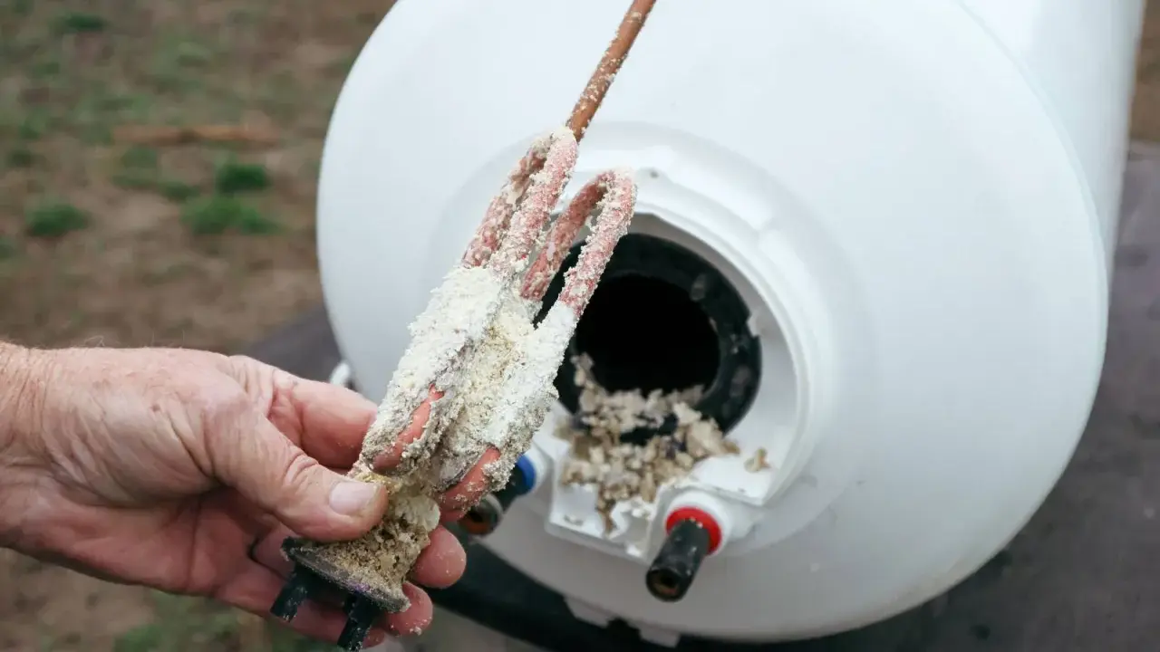 Main d'homme tenant une résistance de chauffe-eau entartrée, montrant l'importance d'éliminer le calcaire pour un bon fonctionnement.