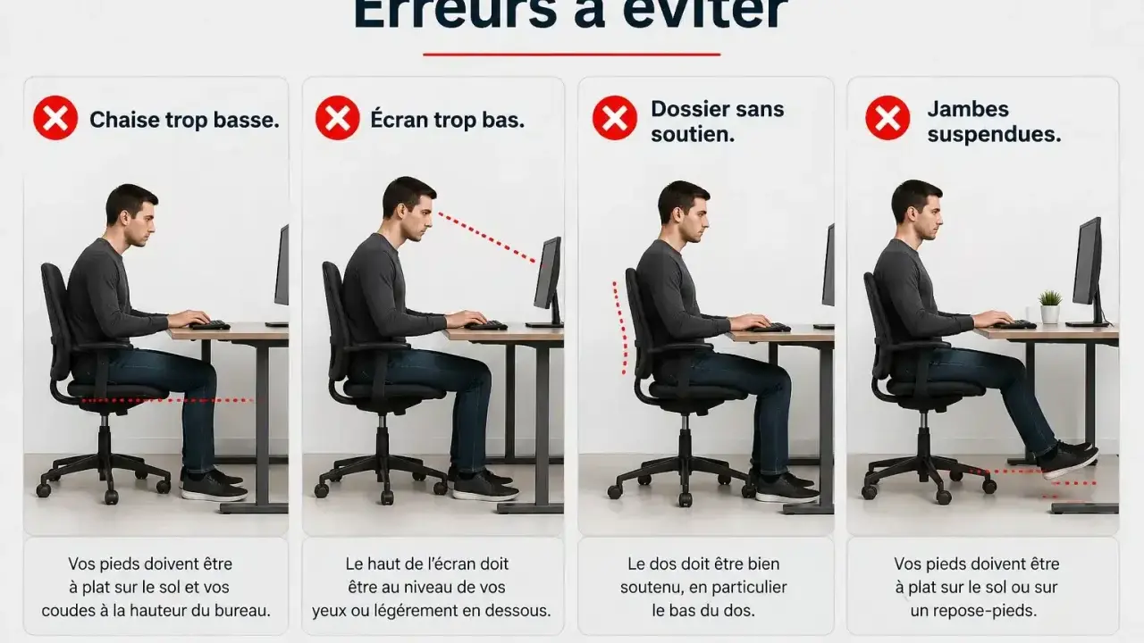 Conseils pour un aménagement des locaux de travail ergonomique : posture correcte, écran à hauteur des yeux, dos soutenu et pieds au sol.
