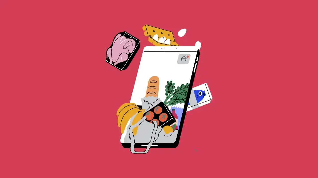 Un teléfono muestra alimentos, como pollo, pan y pescado, flotando alrededor. Esto ilustra cómo se calcula el IPC, rastreando los precios de los alimentos.