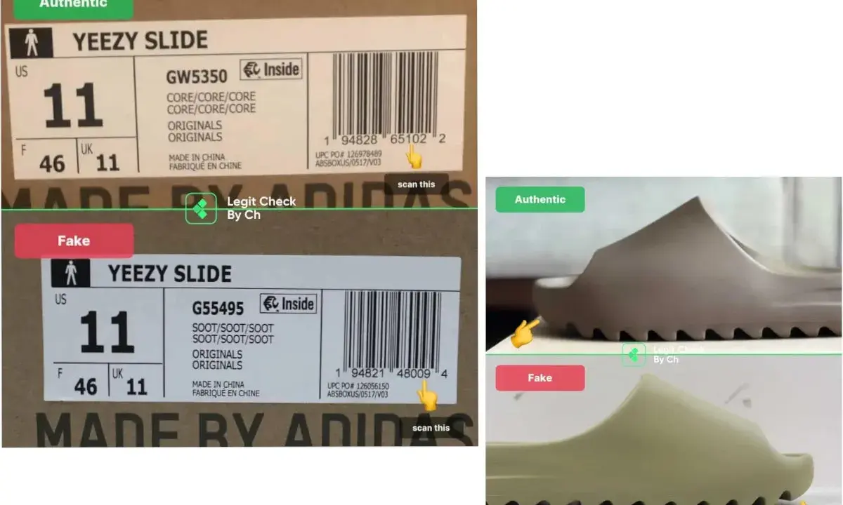 Porównanie Yeezy: oryginalne vs. podróbki. Na zdjęciu etykiety i klapki, z oznaczeniami "Authentic" i "Fake".