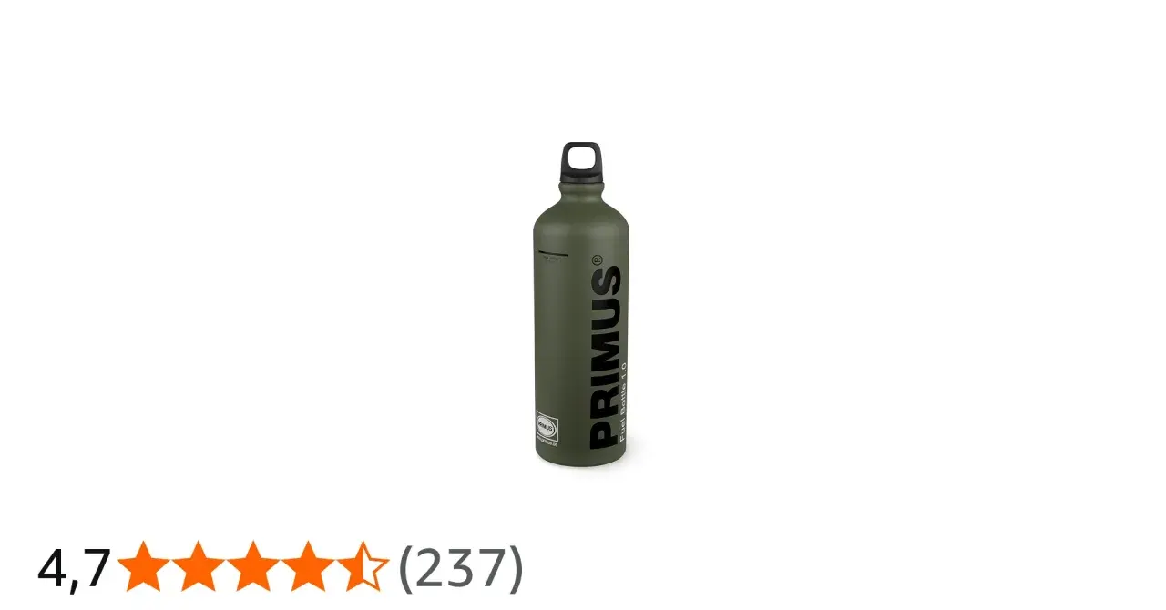 En grön Primus flaska för bränsle, redo för äventyr.