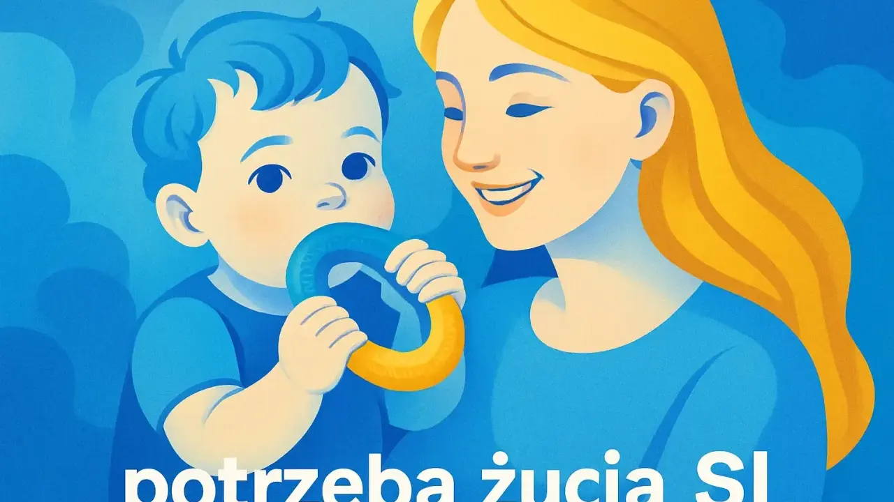 Uśmiechnięta mama patrzy na swojego malucha, który z radością gryzie niebiesko-żółtą zabawkę. Dziecko gryzie ubrania, odkrywając świat.