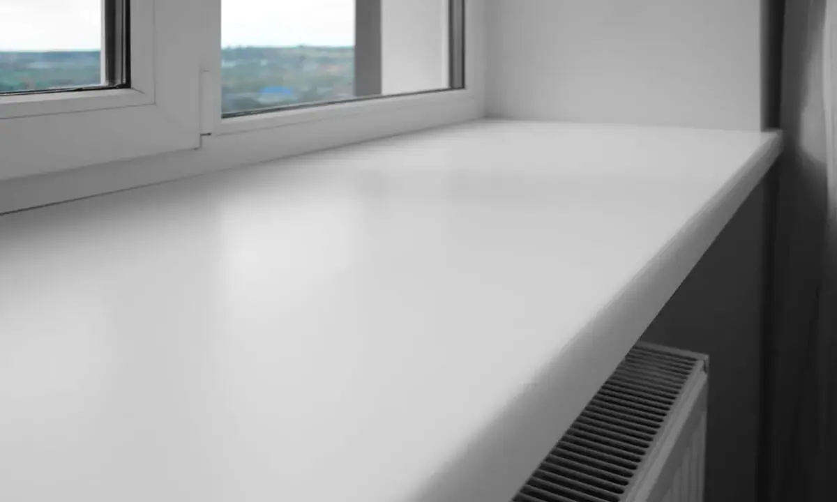 Biały, szeroki parapet z tworzywa sztucznego, idealny na kwiaty lub książki, z widocznym grzejnikiem pod spodem.