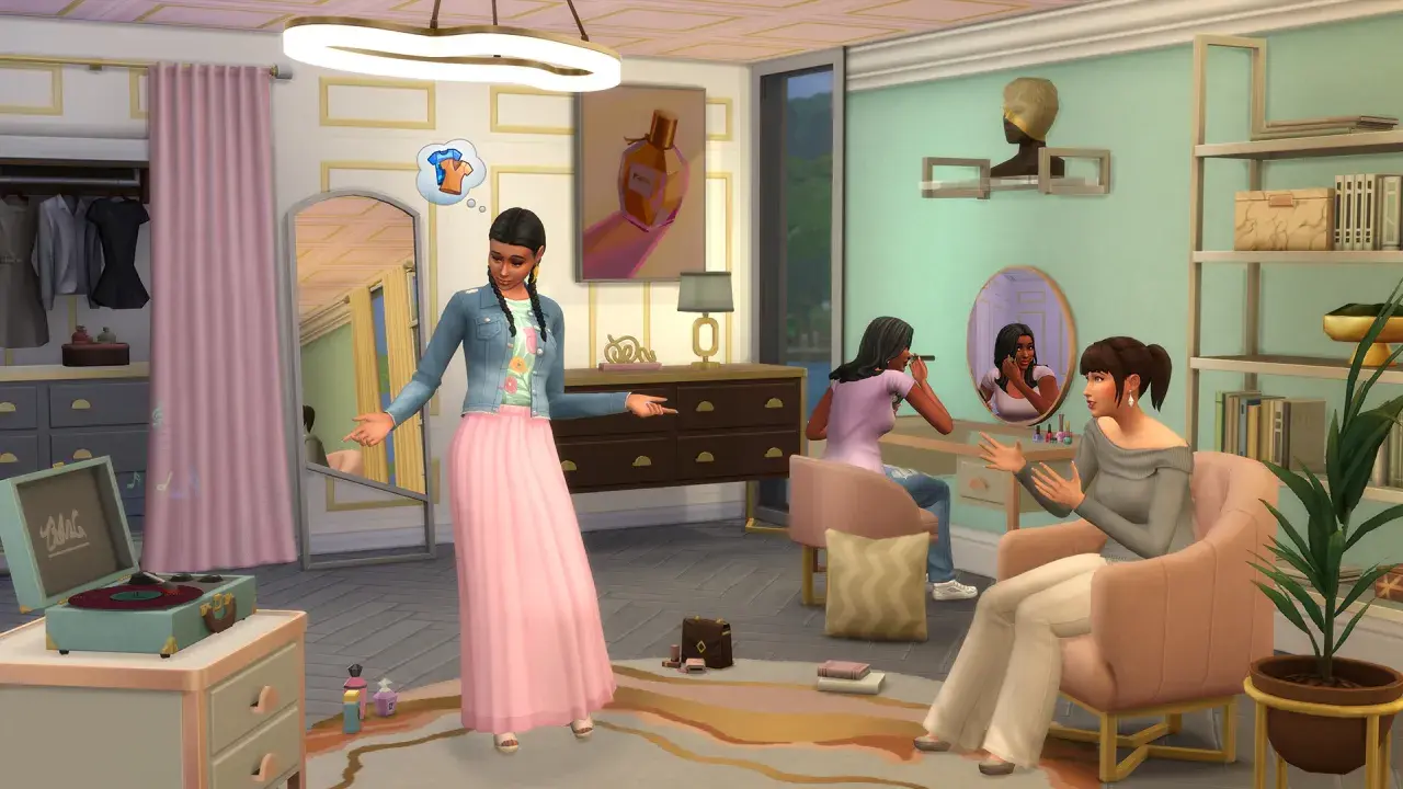 Mody do The Sims 4 meble: dziewczyny przygotowują się do wyjścia w stylowej garderobie.