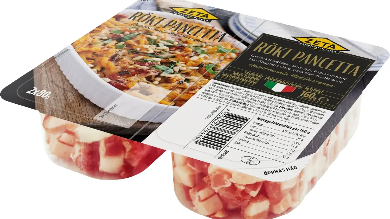 Zeta Rökt Pancetta, perfekt för ett snabbt pancetta recept. Lufttorkat sidfläsk i tärningar, redo för din italienska pasta.