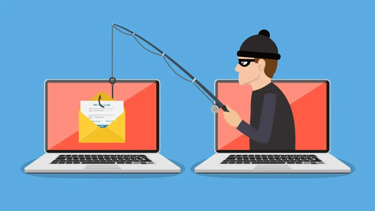 Ein Hacker versucht mit einer Angel, Zugangsdaten von einem Laptop zu stehlen. Ein Symbol für online betrug.