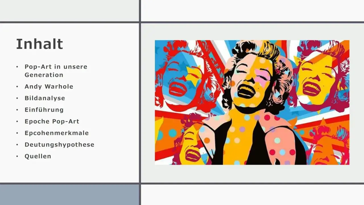Marilyn Monroe in leuchtenden Farben, ein Beispiel für Pop-Art-Techniken. Mehrere Gesichter, kräftige Konturen, Punkte und geometrische Formen.