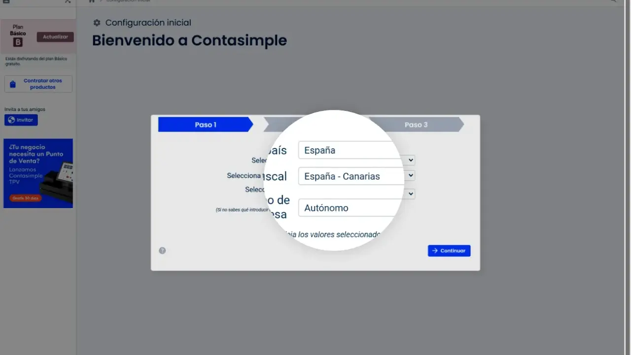 Configuración de Contasimple: se selecciona "España - Canarias" como país, indicando la aplicación del IVA Canarias.