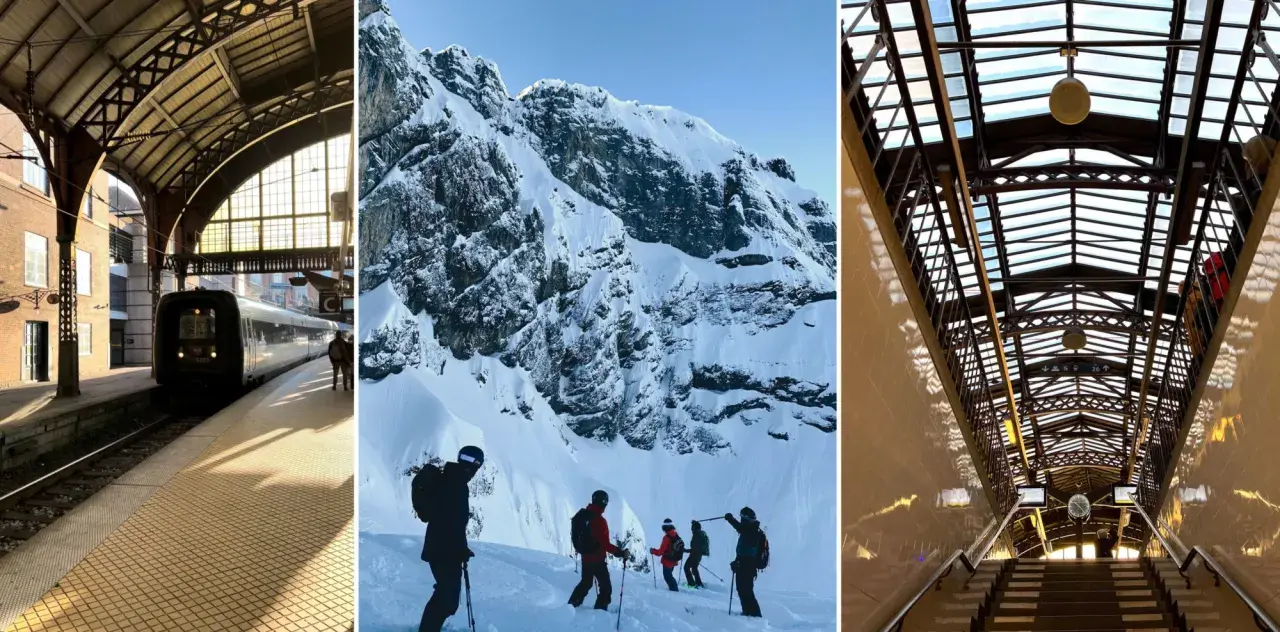 Tågstation, snöklädda berg och en trappa under ett glastak. En resa som visar hur fungerar interrail – från stad till vildmark.