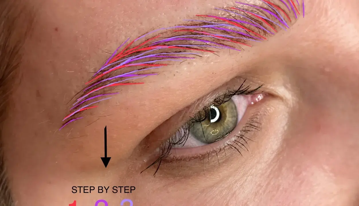 Zbliżenie na oko z zaznaczonymi liniami imitującymi włoski brwi. Pokazana metoda włoskowa brwi krok po kroku.