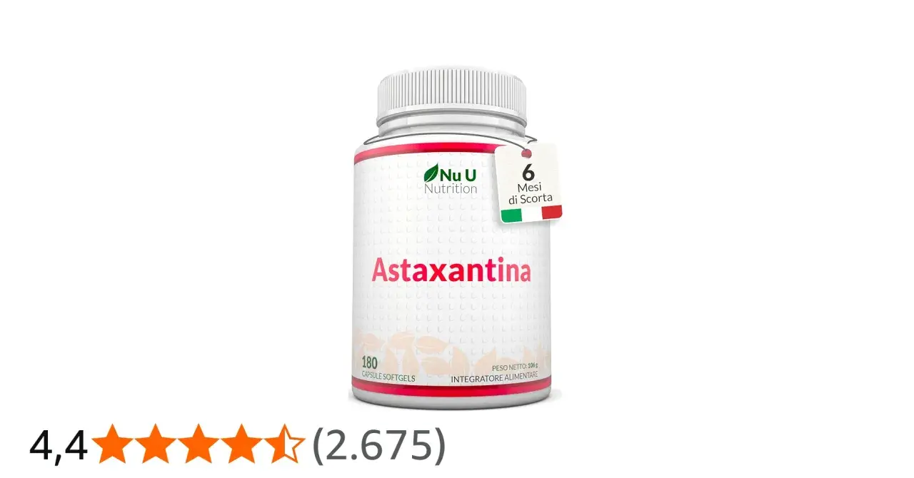 Flacone di Astaxantina Nu U Nutrition, 180 capsule. Informazioni su possibili astaxantina controindicazioni.