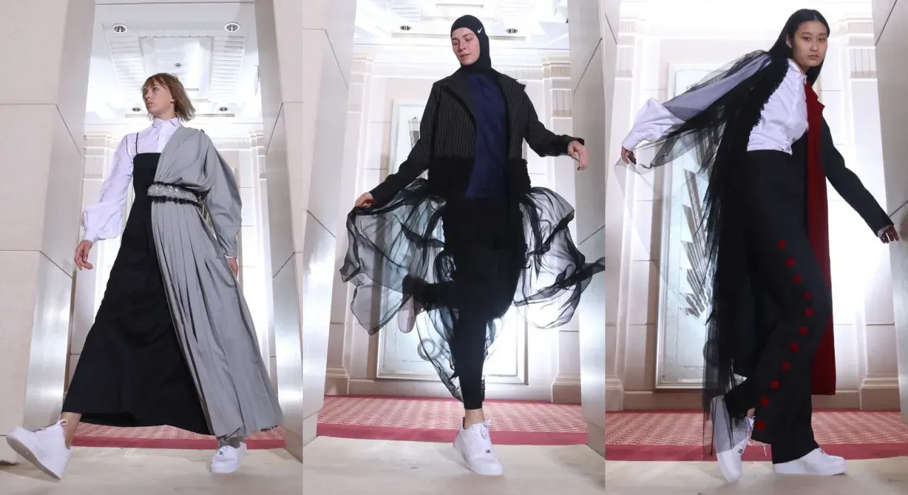 Three Saudi Arabian models showcase avant-garde fashion with flowing fabrics and bold silhouettes.