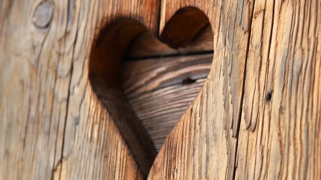 Corazón tallado en madera con textura de envejecer madera, mostrando vetas y grietas que cuentan historias.