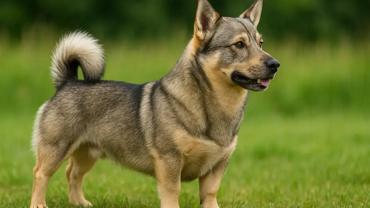 Un spitz des Wisigoths, au pelage gris et fauve, se tient fièrement sur l'herbe verte, la queue enroulée.